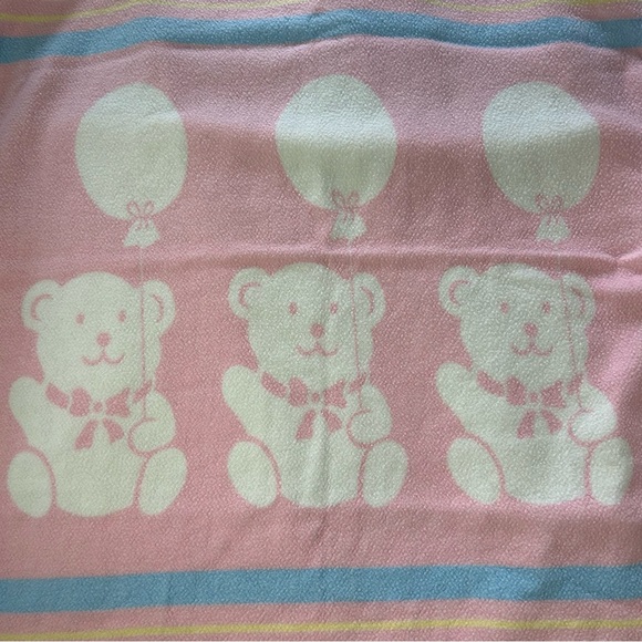 Vintage Pink Blue Teddy Bear Balloons Baby Blanket Acrylic USA Made White Stripe